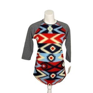LuLaRoe Randy Gray Red Blue Aztec Southwestern Raglan‎ Sleeve Sz XS NEW